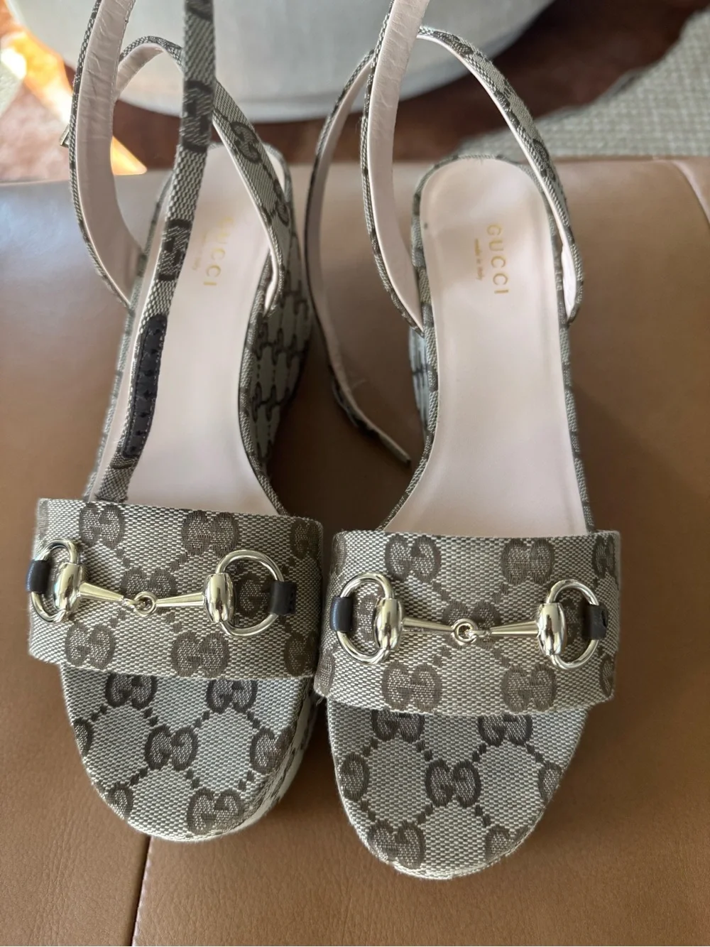 Gucci Tan Monogram Platform Slingback Sandals with Gold Horsebit